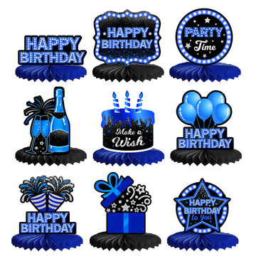 Happy Birthday Honeycomb Centerpieces 9Pcs Stylish Sophisticated Blue Neon Theme Table Decor for Men Women Boys Girls Birthday P