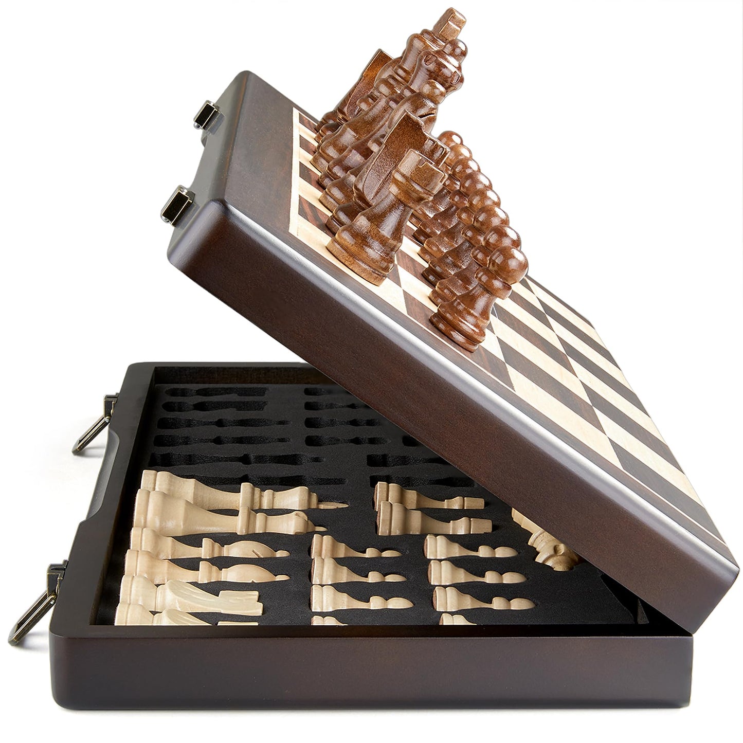 Elongdi Magnetic Wooden Chess Set For Adults Kids,15' Folding Chess Board With Wood Texture 2 Extra Queens - Handmade Pieces Travel Board Games For Professional Beginner