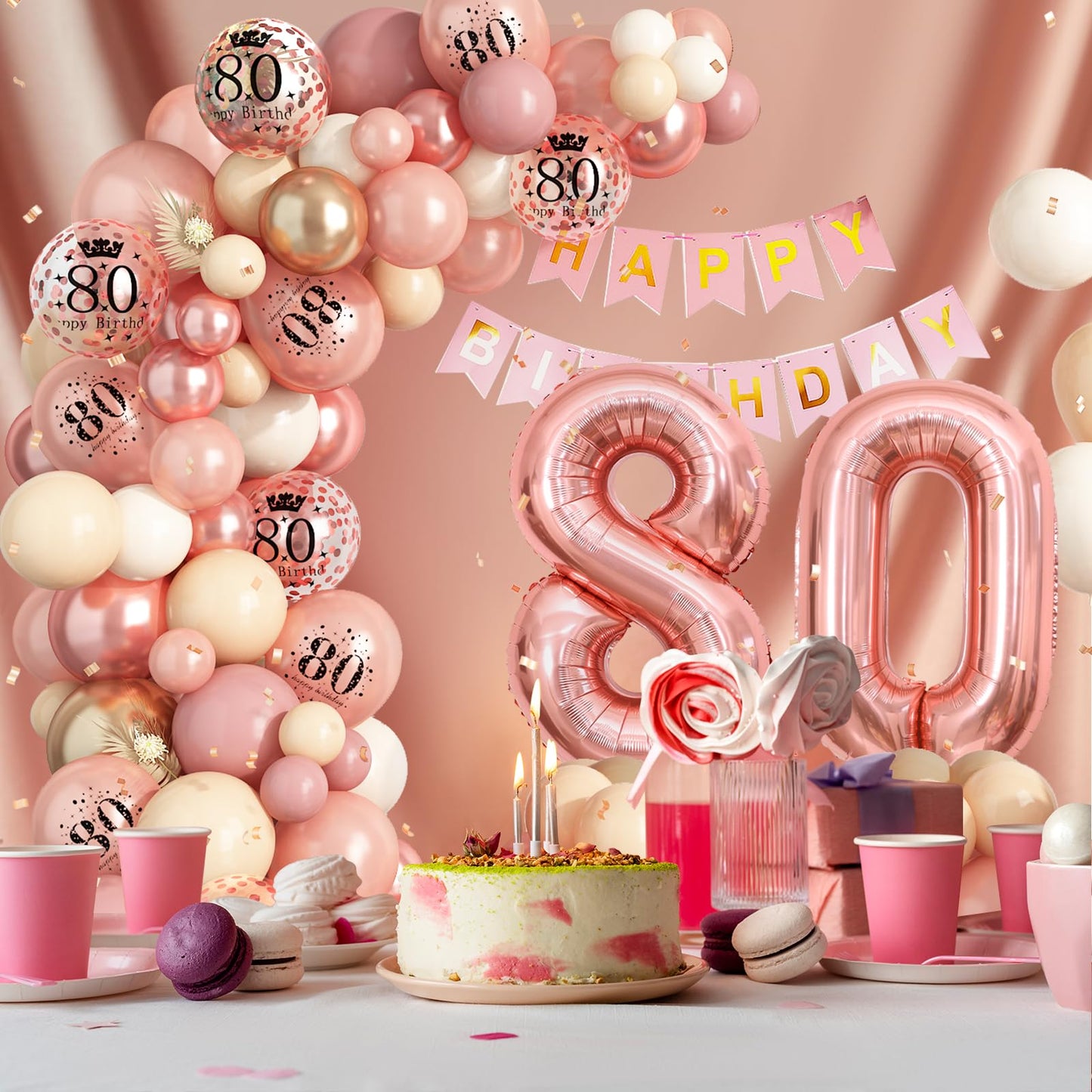80Th Birthday Decorations For Women,Rose Gold 80Th Birthday Balloon Arch Garland Kit With Happy 80Th Birthday Number 80 Foil Bal