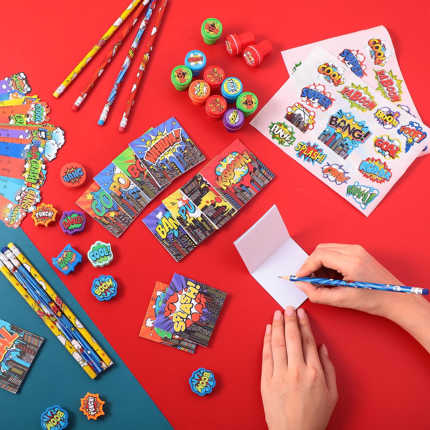Cholemy 168 Pcs Hero Party Favor Set Include Hero Birthday Mini Notebook Hero Theme Sticker Pencil Stamper Ruler Eraser for Hero