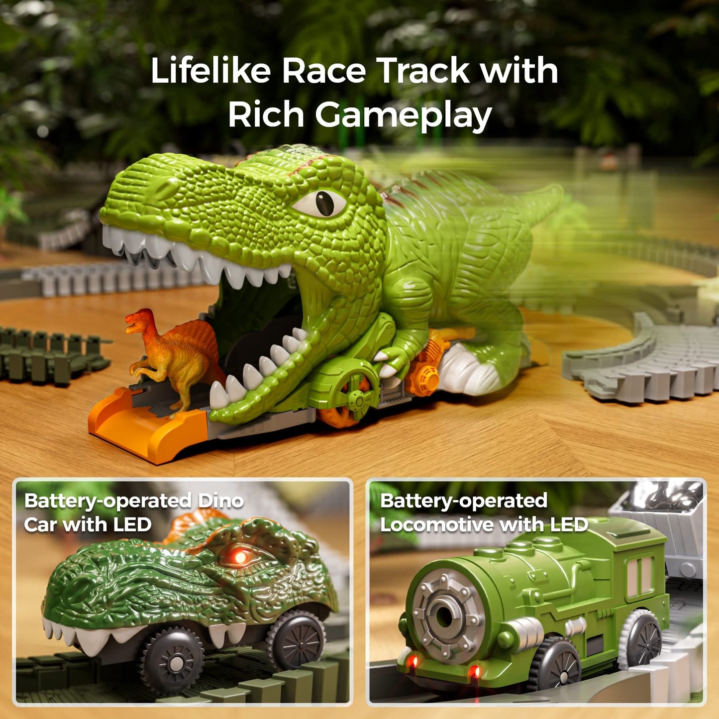 TUMAMA Dinosaur Toys Race Track Set - 281 Pcs with 4 Dinosaurs, 2 Electric Cars, Flexible Tracks - One Size, Blue/Red