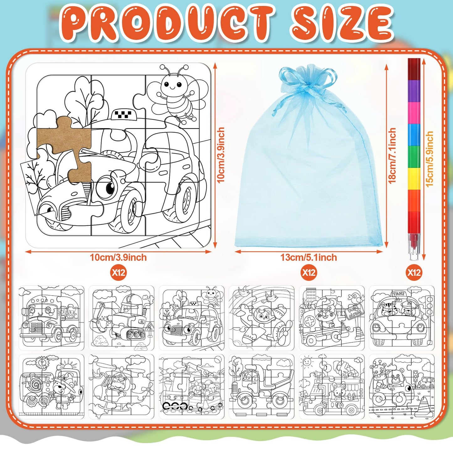 Fullhawl 12 Sets Transportation Puzzles Traffic Theme Color Your Own Puzzles DIY Construction Jigsaw Craft with 12 Stackable Crayons and 12 Bags for Construction Gifts Birthday Party Supplies(12  Car)