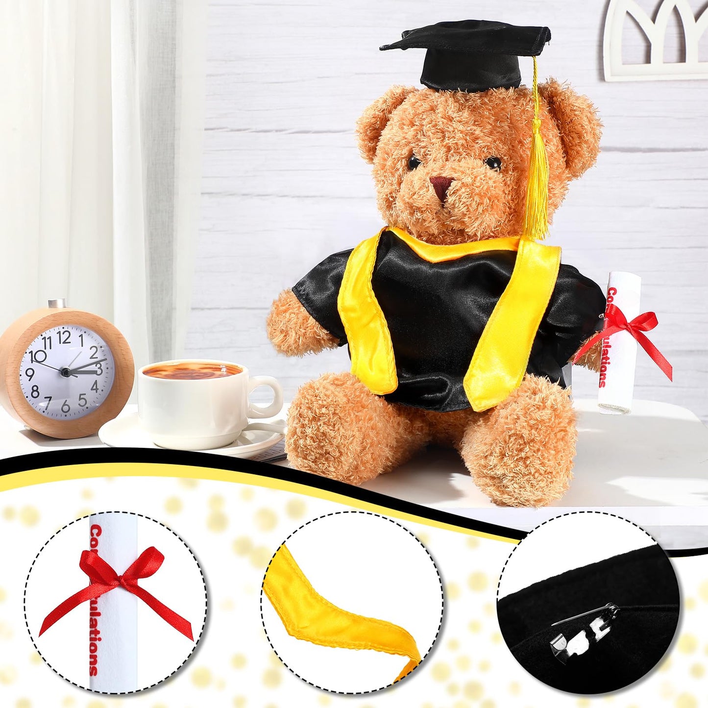 Civaner Graduation Bear Clothes Graduation Hat with Yellow Tassel Diploma Gown Outfit Plush Toy Gown Clothes Accessories Fits Mo
