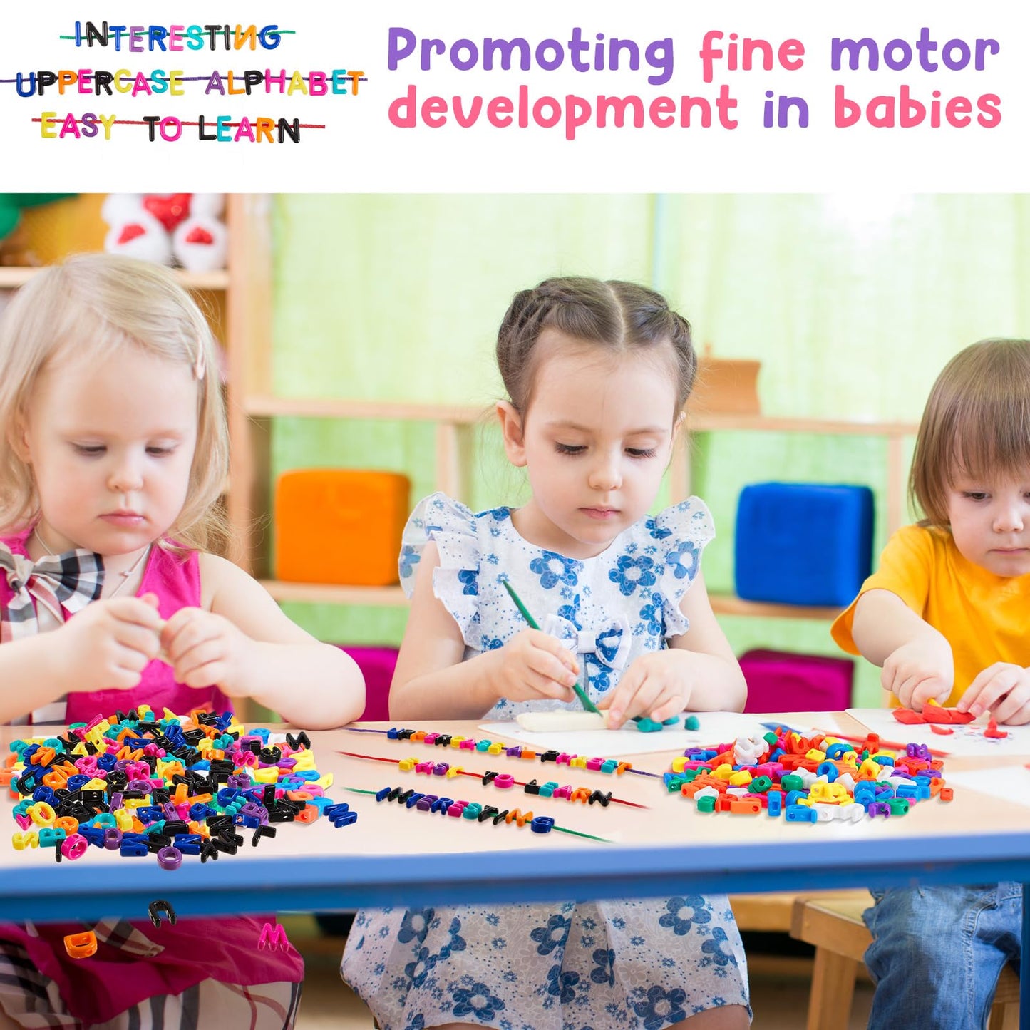 Wesiti 408 Pcs Lacing Letters Alphabet Learning Toys Toddler ABC Alphabet Beads Lacing Toy Fine Motor Skills Toys for Preschool Games Homeschool Supplies Early Spelling (Uppercase Letters)