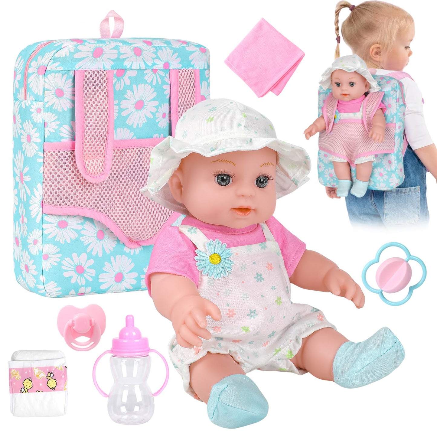 12'' Girls Baby Doll Daisy Theme Backpack Carrier Playset,12 Inch Reborn Baby Dolls With Accessories And Clothes Set Toy Stuffs