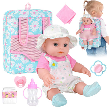 12'' Girls Baby Doll Daisy Theme Backpack Carrier Playset,12 Inch Reborn Baby Dolls With Accessories And Clothes Set Toy Stuffs