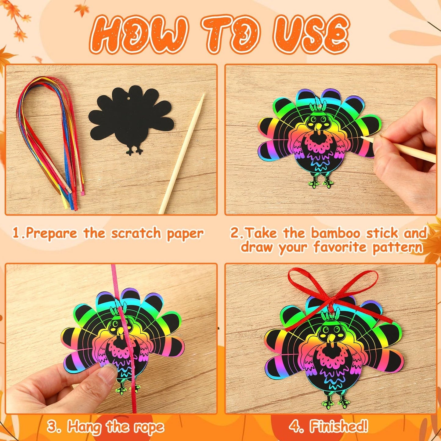 AUGSUN 96Pcs Thanksgiving Fall Crafts, Magic Rainbow Scratch Paper Art Cute Turkey Crafts Activity Gifts Autumn Harvest Thanksgi