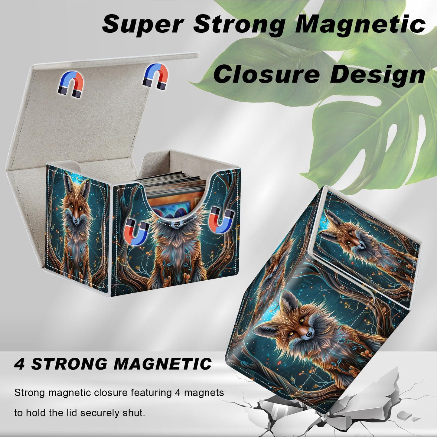 DEGDFSGR for TCG MTG Card Game Storage Box Organizer Trading Card Case Commander Deck Box Magnetic Closure Creative Pattern Up to 200 Cards  Blue Glow Fox
