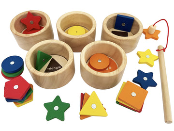 Dailyfunn Montessori Toy Wooden Sorting Cup&Fishing Game 2-In-1 Colors Shapes Sorting Matching Learning Toys For Toddlers 1-3 Year Old