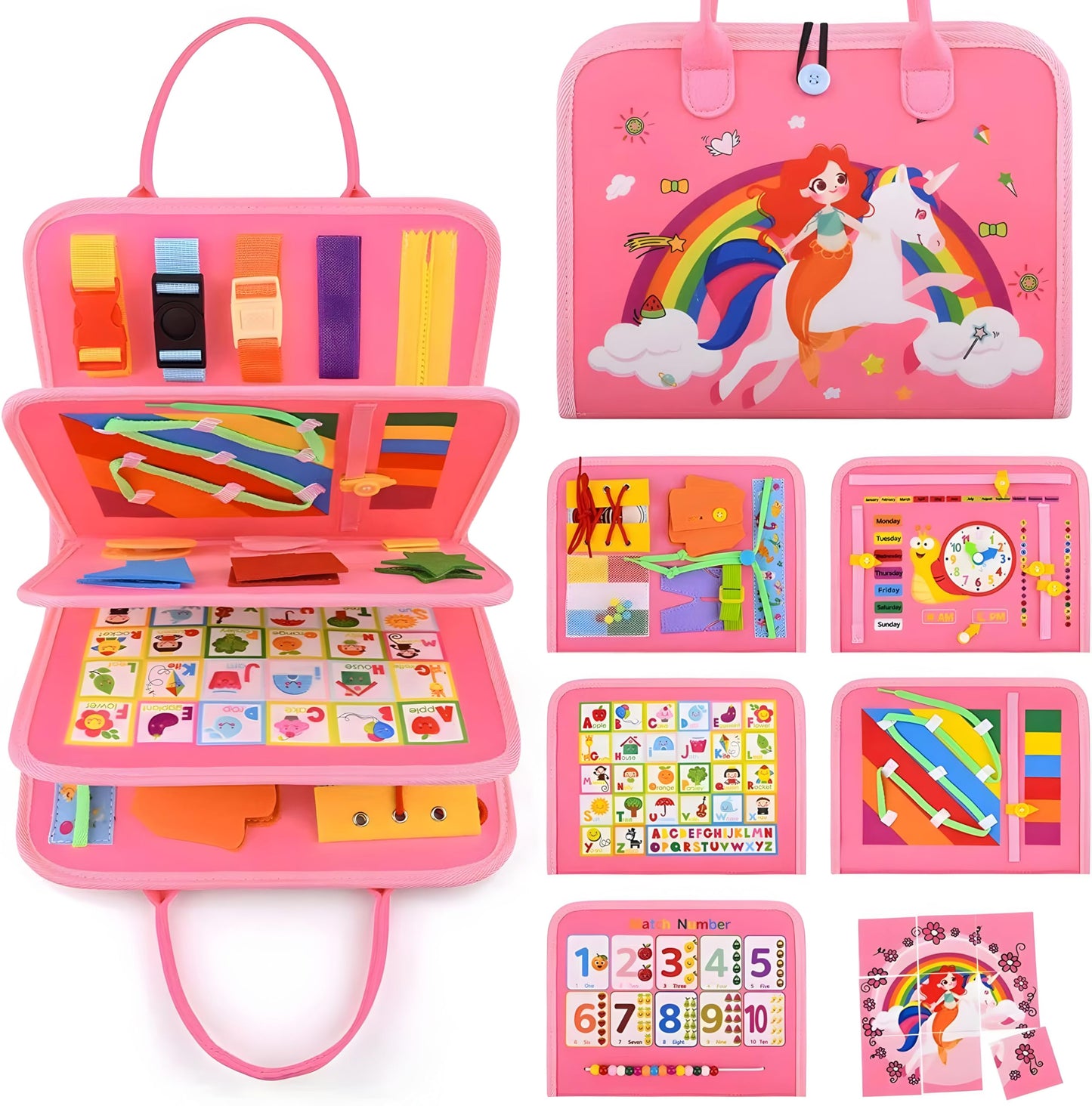 Busy Board for 1 Year Old Sensory Toys for Toddlers 1-3 Montessori Learning Busy Book for Boys Girls Preschool Toys Gift (Pink)