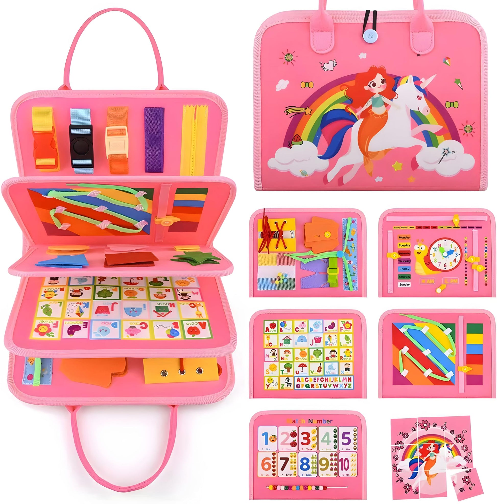 Busy Board for 1 Year Old Sensory Toys for Toddlers 1-3 Montessori Learning Busy Book for Boys Girls Preschool Toys Gift (Pink)