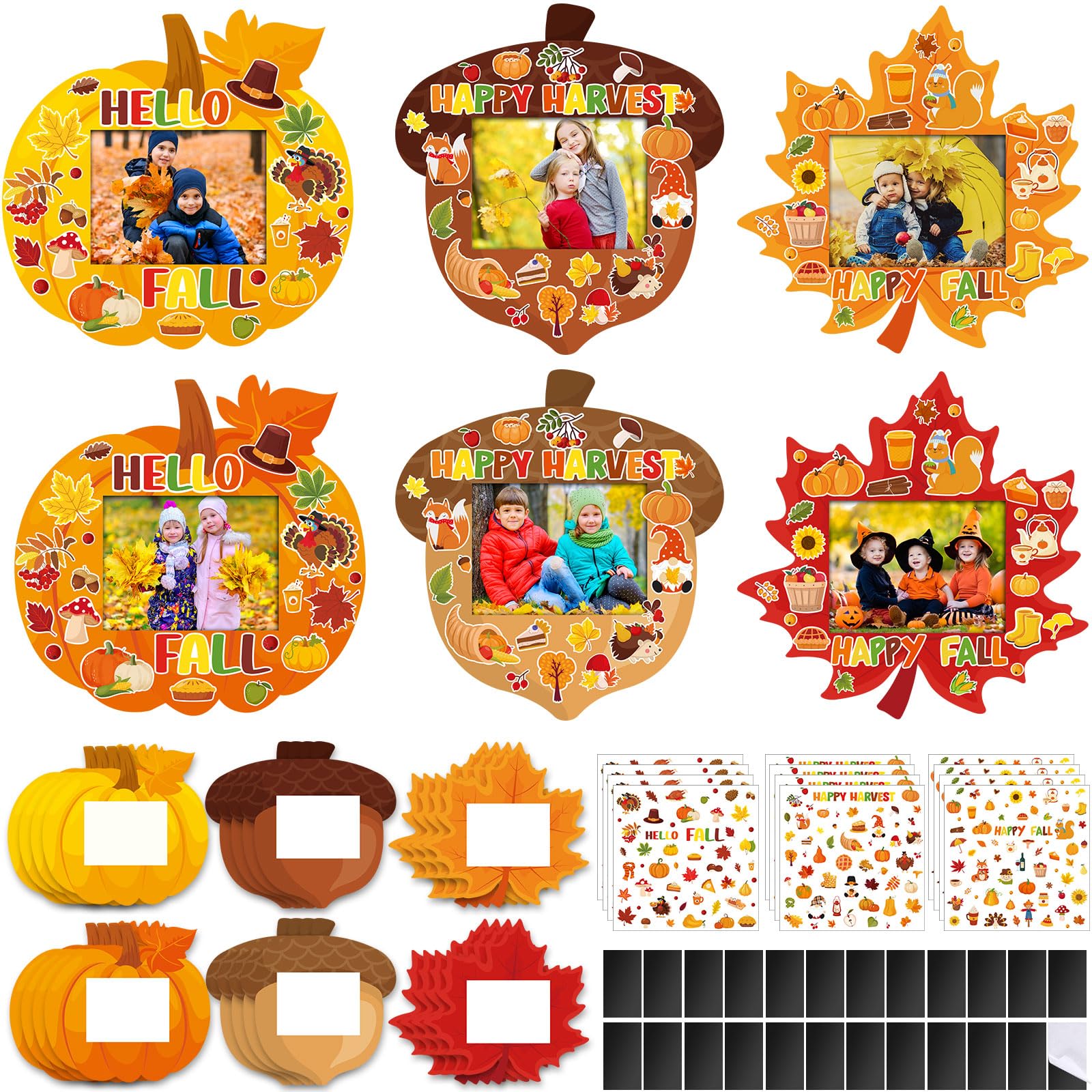 Blosssound 24 Sets Thanksgiving Fall Picture Frame Craft Kits Thanksgiving DIY Photo Frames with Stickers Pumpkin Photo Autumn G