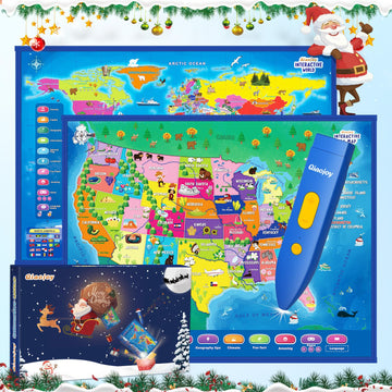 Qiaojoy Bilingual Interactive For Kids Talking Usa Map World Map For Kids Learning, Geography Toys Games Educational Electronic Map Personalized Gift/Toys For 4 5 6 7 8 9 10 Year Old Girls/Boys…