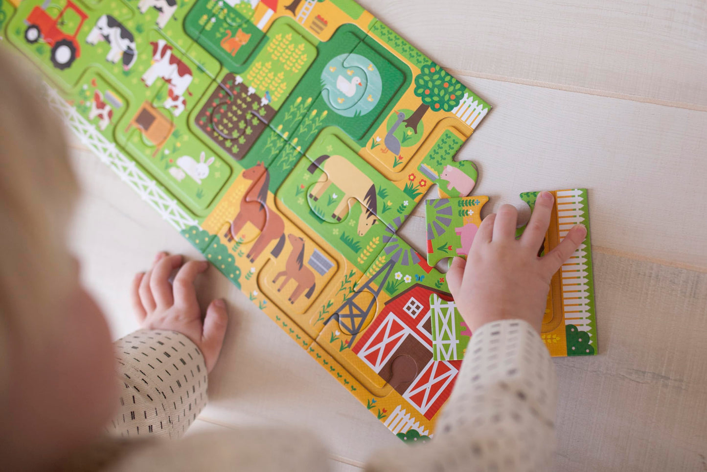 Petit Collage Follow + Spot Puzzle, At The Farm, 10-Pieces – Large Puzzle For Kids, Completed Educational Puzzle Measures 21”X 8.5” – Makes A Great Gift Idea For Ages 2+