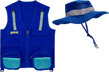 Dark Blue S/M Fits Youth Size 4-7 Combination Set Vest And Hat: 1 Blue Cargo Vest For Kids With Reflective Safety Straps & 1 Flo