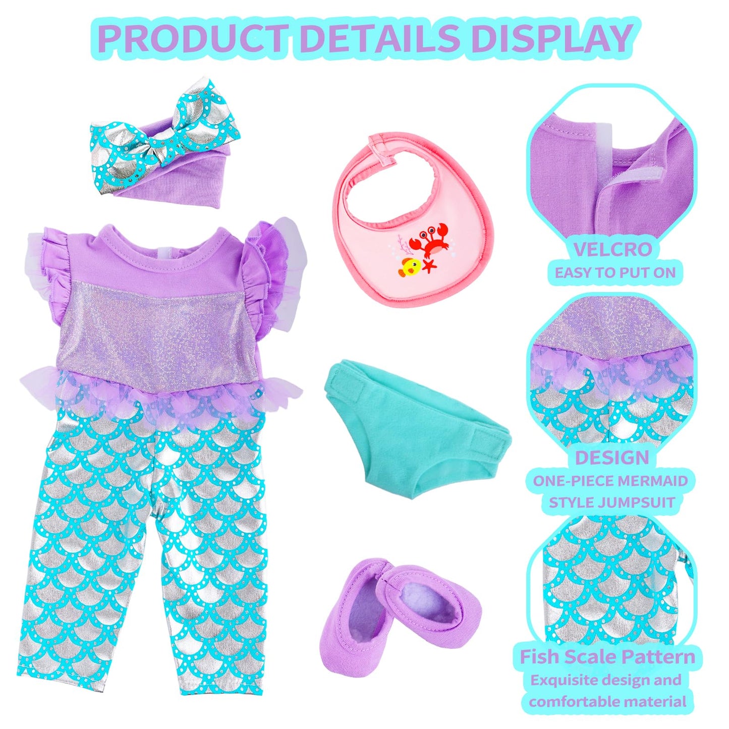 18INDC Baby Doll Clothes 16-18 Inch Mermaid -Themed Baby Dolls Accessories Set - Onesie Outfit  Blanket  Headband  Diaper  Bid  Bottle and Shoes