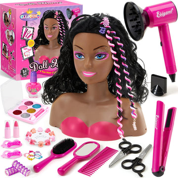 Cleboen Hair Styling Doll Head Makeup Kit for Girls Toys, 35PCS Kids Hair Salon Pretend Playset with Hairdryer Straightener Head