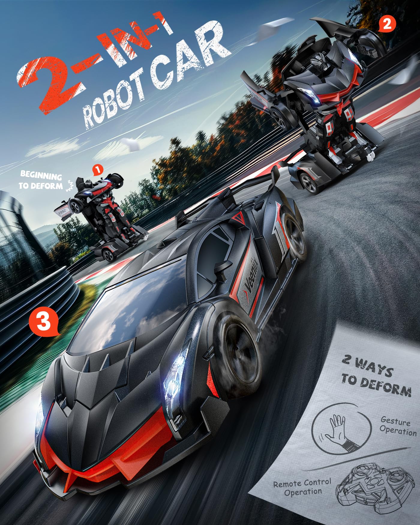 V992 Transform Remote Control Car,Transform Robot RC Cars,1:14 Scale,2-in-1 Robot Toy Car with Sound & Light Effects,Gesture Sen