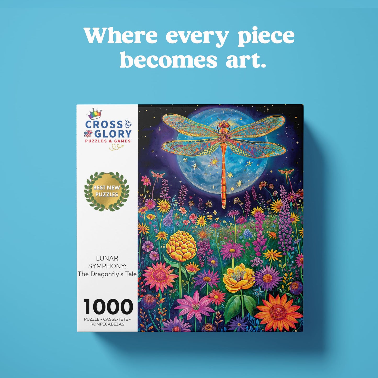 Cross & Glory 1000 Piece Jigsaw Puzzle - Lunar Symphony Dragonfly, 20x27 Inches, Durable Cardboard, Vibrant Nighttime Artwork