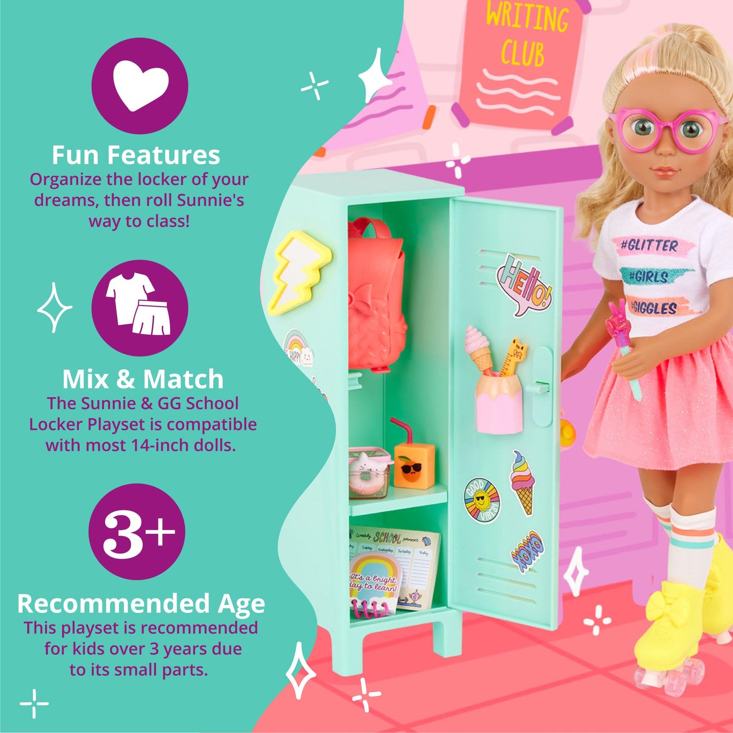 Glitter Girls - 14-Inch Poseable Doll Set - Blonde Hair & Green Eyes - School Locker, Roller Skates & Accessories - Toys for Kid