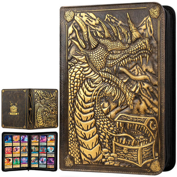 JiaoJiRen 9 Pockets Trading Card Binder-Holds 360 Cards Pockets Album 3D Leather Dragon Double Sided Pocket Zipper Binder for MTG TCG Game Sports Cards (Bronzed)