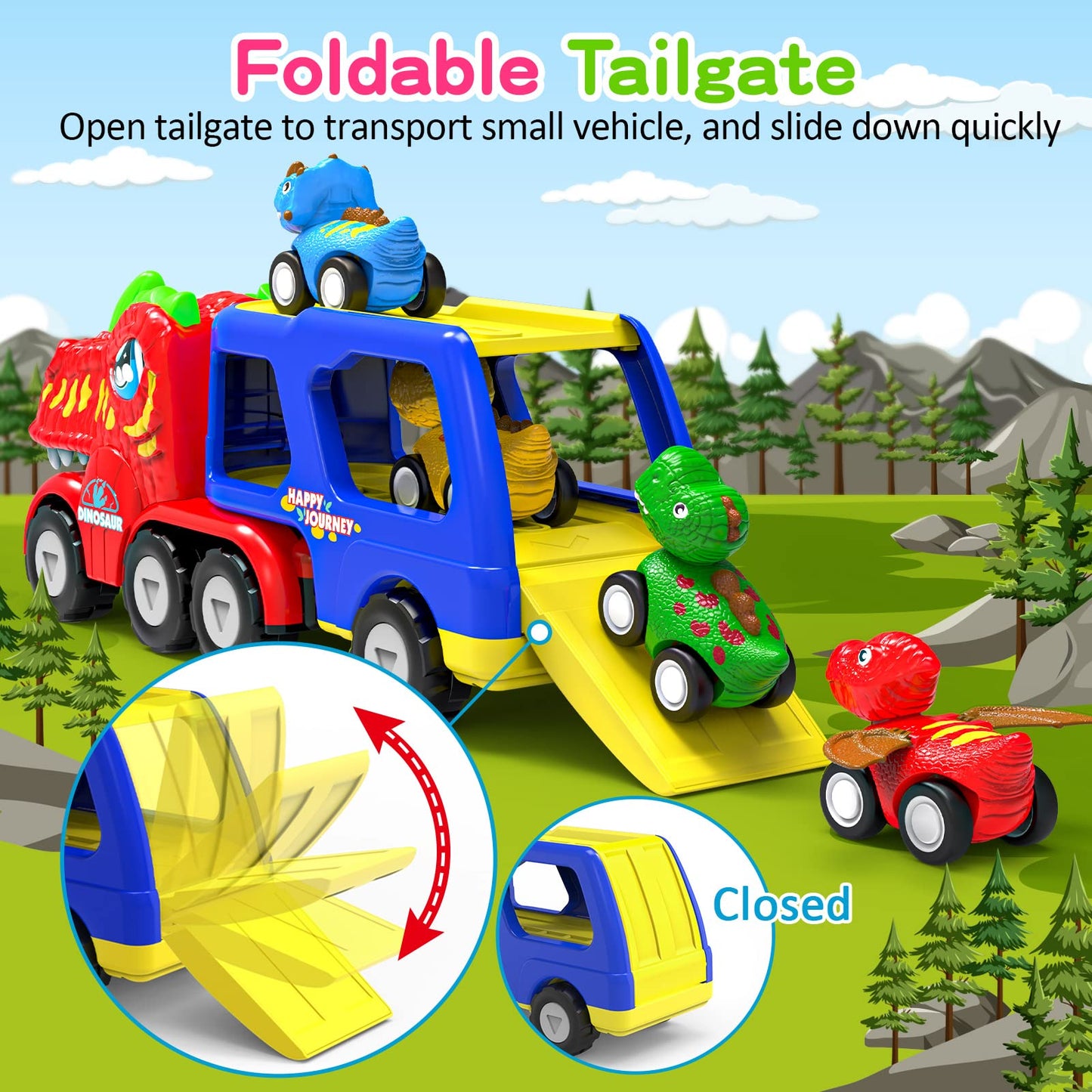 ENJSD 5-in-1 Toy Trucks for Boys 2-3 Years, Friction Powered, Red, Includes 4 Dinosaur Toy Cars, Flashing Light & Sound, Model G0111