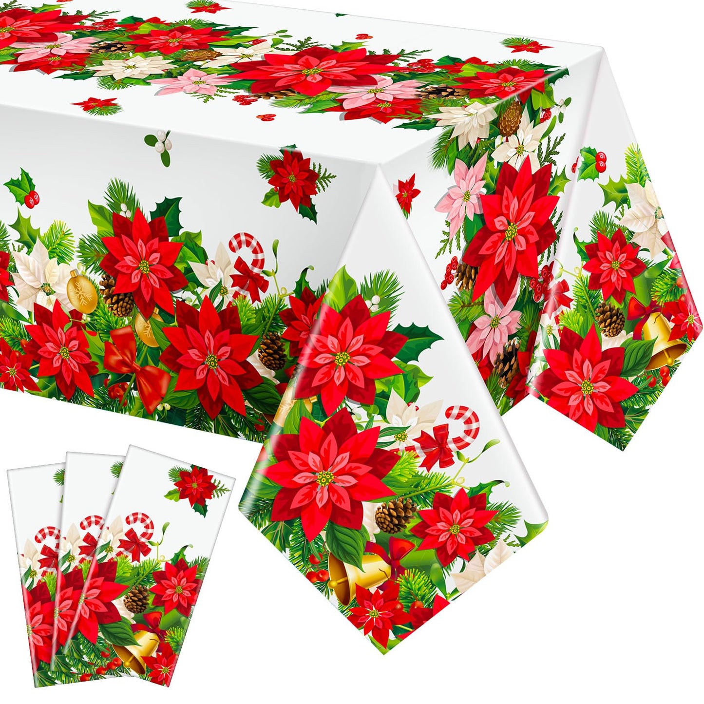 Newwiee 3 Pcs Christmas Poinsettia Tablecloths Red White Flower Plastic Table Covers 54 x 108 Inch Disposable Rectangle Xmas Tab