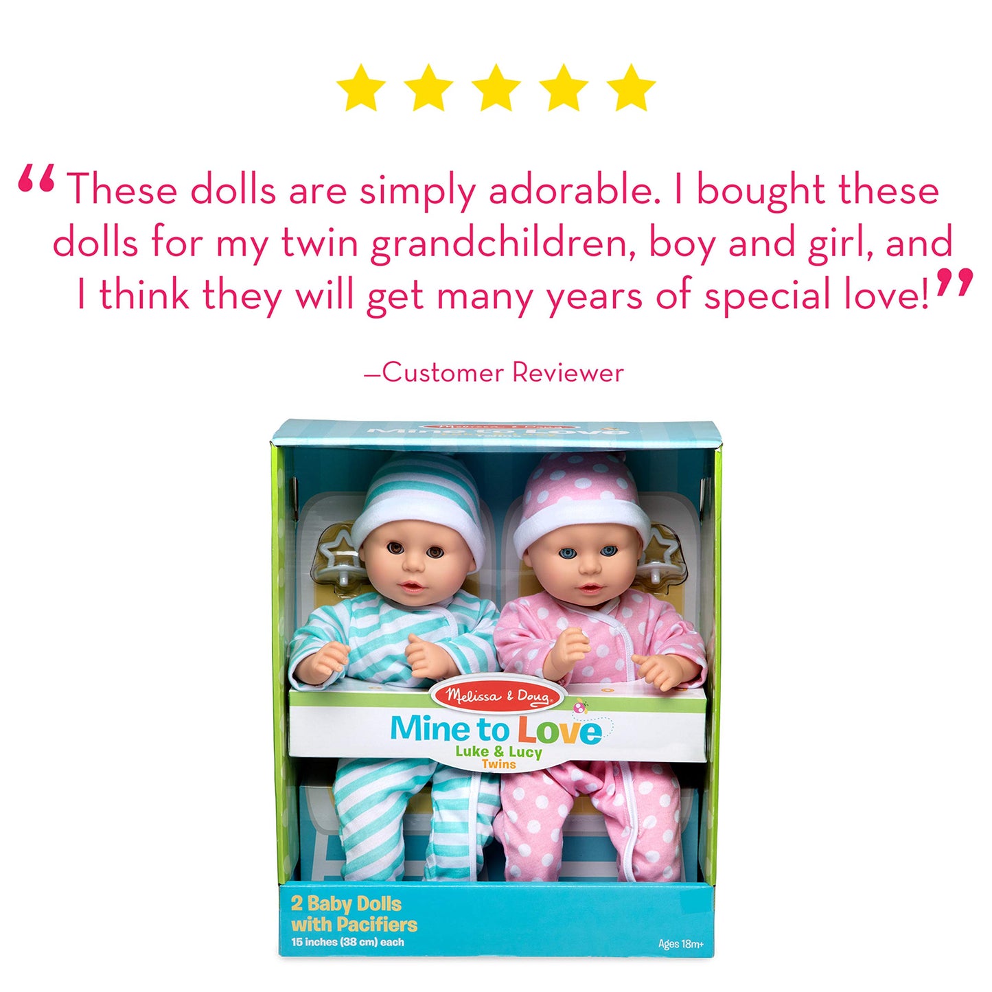 Melissa & Doug Mine To Love Twins Luke & Lucy 15    Light Skin-Tone Boy And Girl Baby Dolls With Rompers, Caps, Pacifiers