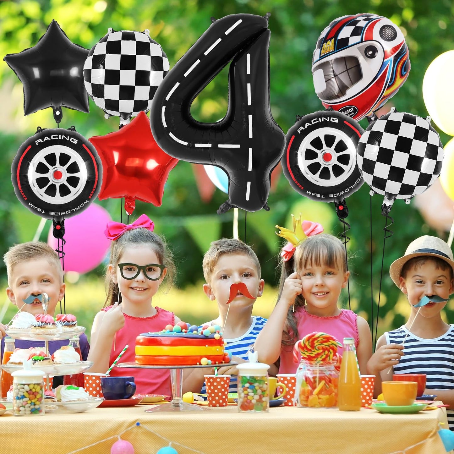 Race Car 4 Balloons, 40 Inch Racetrack Number 4 Balloon, Large Foil Mylar Racetrack Black 4 Balloon For 4 Year Old Birthday Race