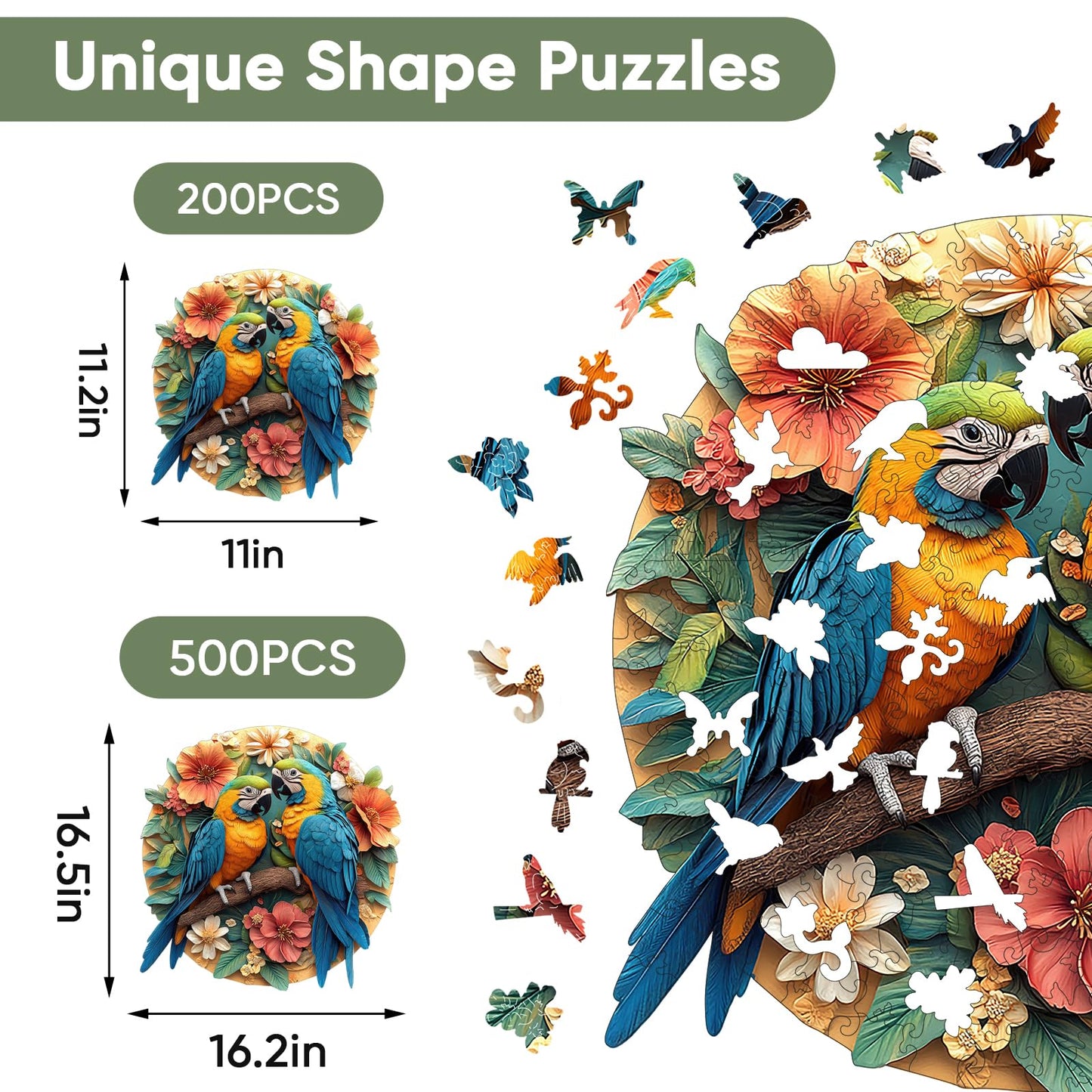 Colorful Parrots 200 Pieces Wooden Jigsaw Puzzles for Adults Unique Irregular Shapes Fun Challenging Birds Puzzles for Kids and