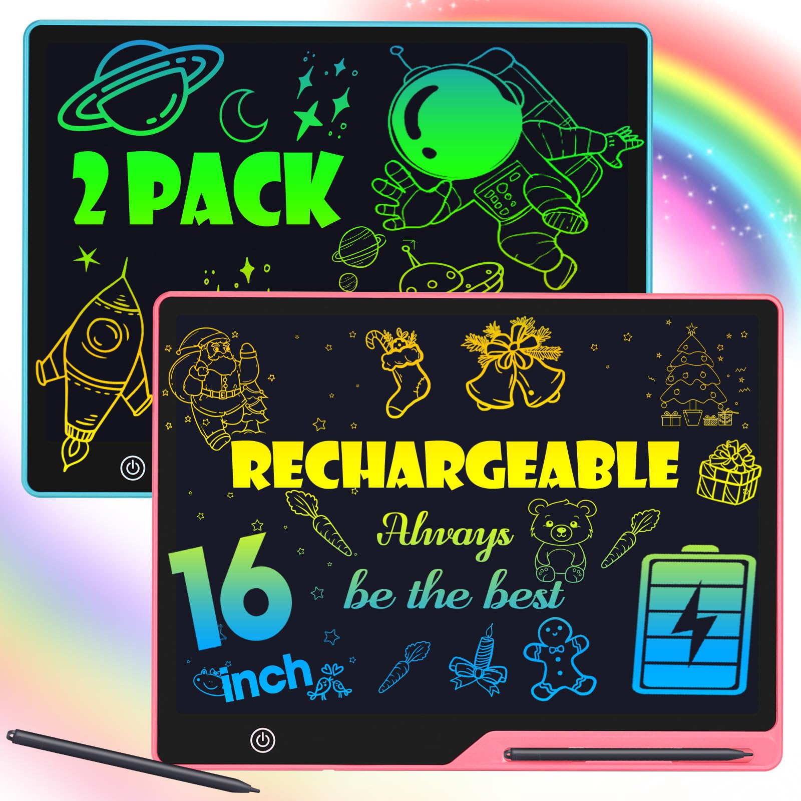 POPERFUN 2 Pack LCD Writing Tablet for Kids, 16 Inch Rechargeable Erasable Doodle Board Colorful Toddler Drawing Pads, Preschool