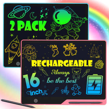 POPERFUN 2 Pack LCD Writing Tablet for Kids, 16 Inch Rechargeable Erasable Doodle Board Colorful Toddler Drawing Pads, Preschool