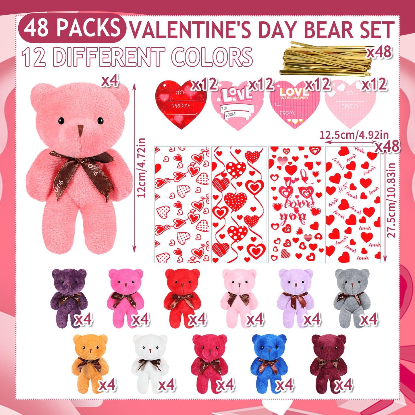 Zonon 144 Pcs Valentine'S Day Mini Stuffed Bear Bulk Bear Toy With Gift Bags Heart Cards 4.72 Inch Plush Stuffed Tiny Bears Vale
