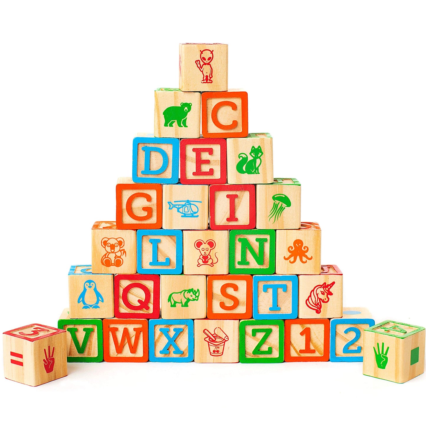 Oaktown Supply Building Blocks For Toddlers 1-3 Years Old, 30 Large Stackable Wooden Baby Blocks With Alphabet And Number Icons