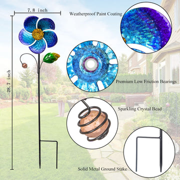 Viveta 2 Pack Wind Spinners With Metal Stake, 28.7 Inches Outdoor Garden Pinwheels Spinners Blue Flower Shape Design For Yard La