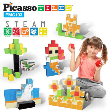 Picassotiles 103 Pieces 1'' Magnetic Toy Building Block Cubes Building Block, 3D Cube Construction Cubes Magnet Sensory Toys Gif