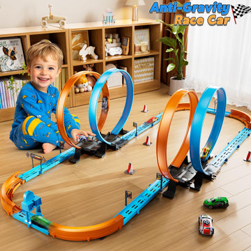 Lilybuds Toy Car Race Track Set For Boys Kids Age 3-5 4-7, Race Tracks With 4 Crash Zones And 1:64 Scale High-Speed Slot Cars, C