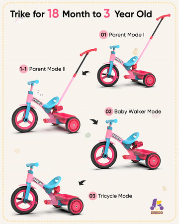 KRIDDO 3-in-1 Toddler Tricycle for Kids 18 Months to 3 Years, Tricycle for 2 Years with Parent Steering, Extra Wide Seat, Large