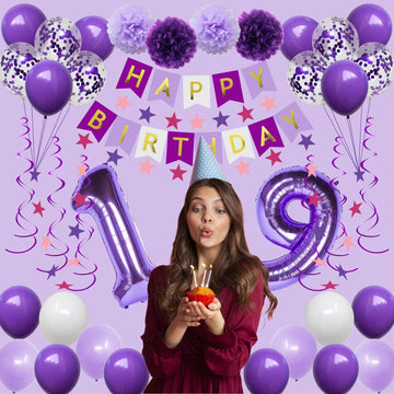 Naninuneno 19Th Birthday Decorations For Girls, Purple 19 Happy Birthday Balloons Supplies Including Purple Happy Birthday Banne