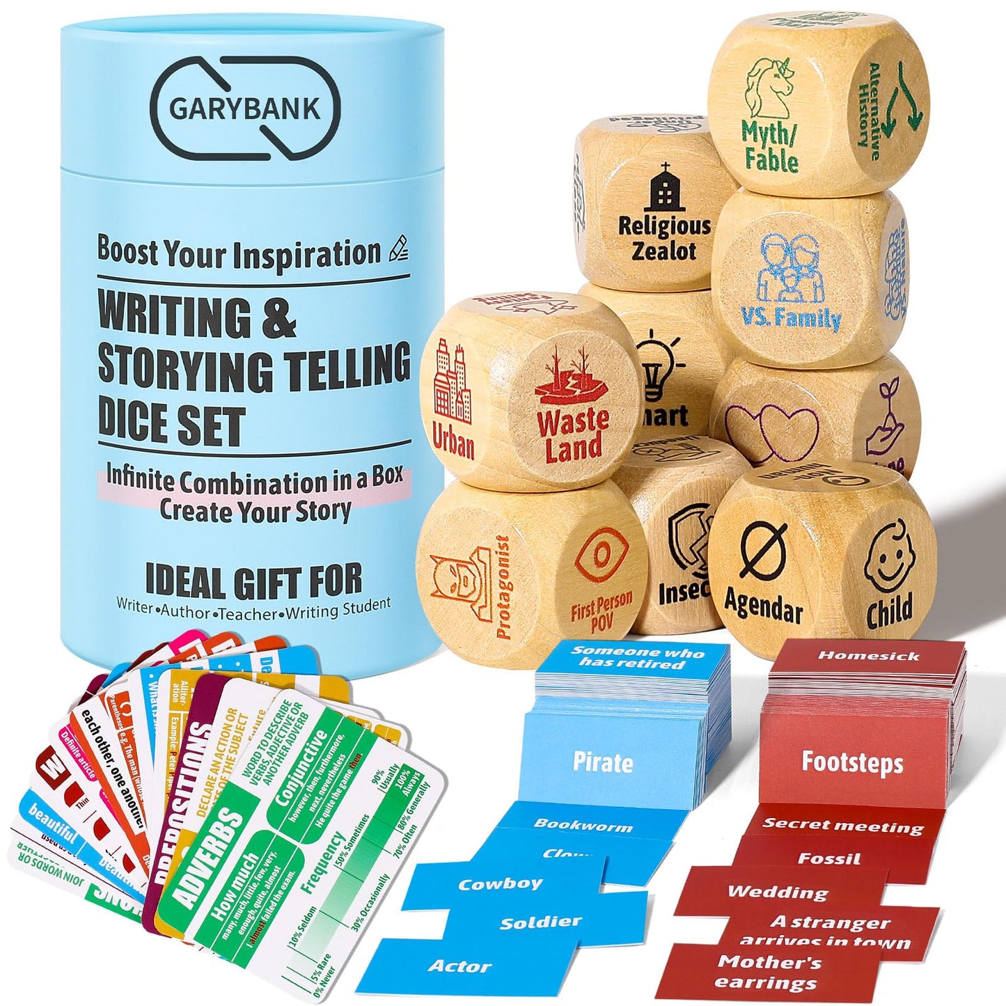 Garybank Inspiration Writing Prompt Dice - W/13 Writing Skill Cards And 200 Character & Event Cards - Storytelling Game For Kids, Writer & Teachers - Creation Set Of 9 Story Cubes - Gifts For Writers
