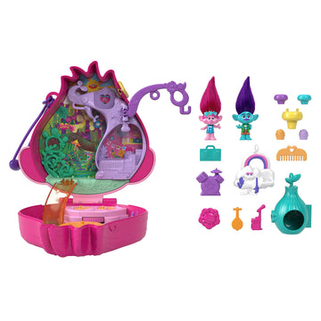 Polly Pocket Trolls Compact Playset with Poppy & Branch Micro Dolls, 13 Accessories, Model HKV39, Plastic