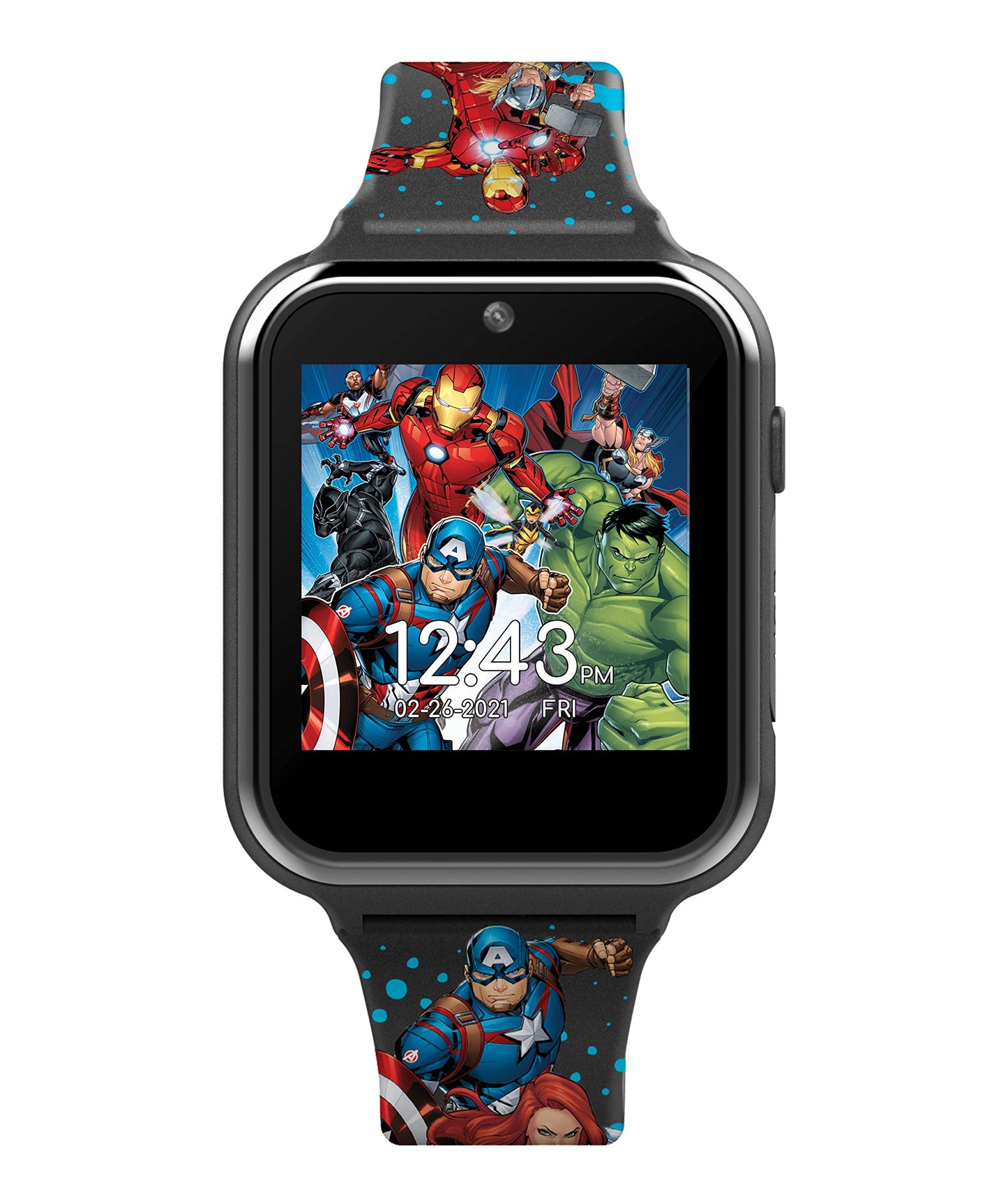 Accutime Kids Marvel Avengers Black Educational Touchscreen Smart Watch Toy For Girls, Boys, Toddlers - Selfie Cam, Learning Games, Alarm, Calculator, Pedometer And More (Model: Avg4597Az)