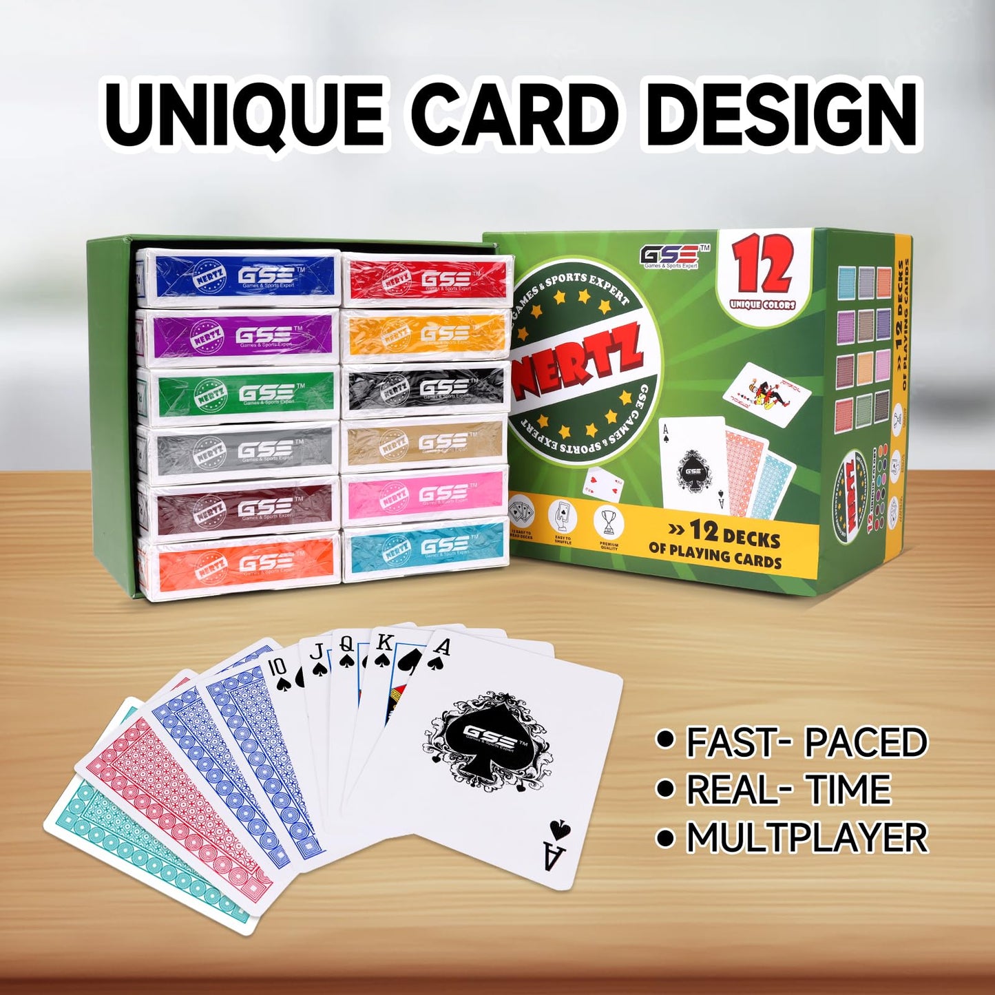 Gse Games & Sports Expert 12-Deck Nertz Card Game, Standard Playing Cards Bulk With 12 Unique Colors, Multiplayer Solitaire Cards Compatible With Poker, Blackjack, Rummy, Go Fish, Bridge