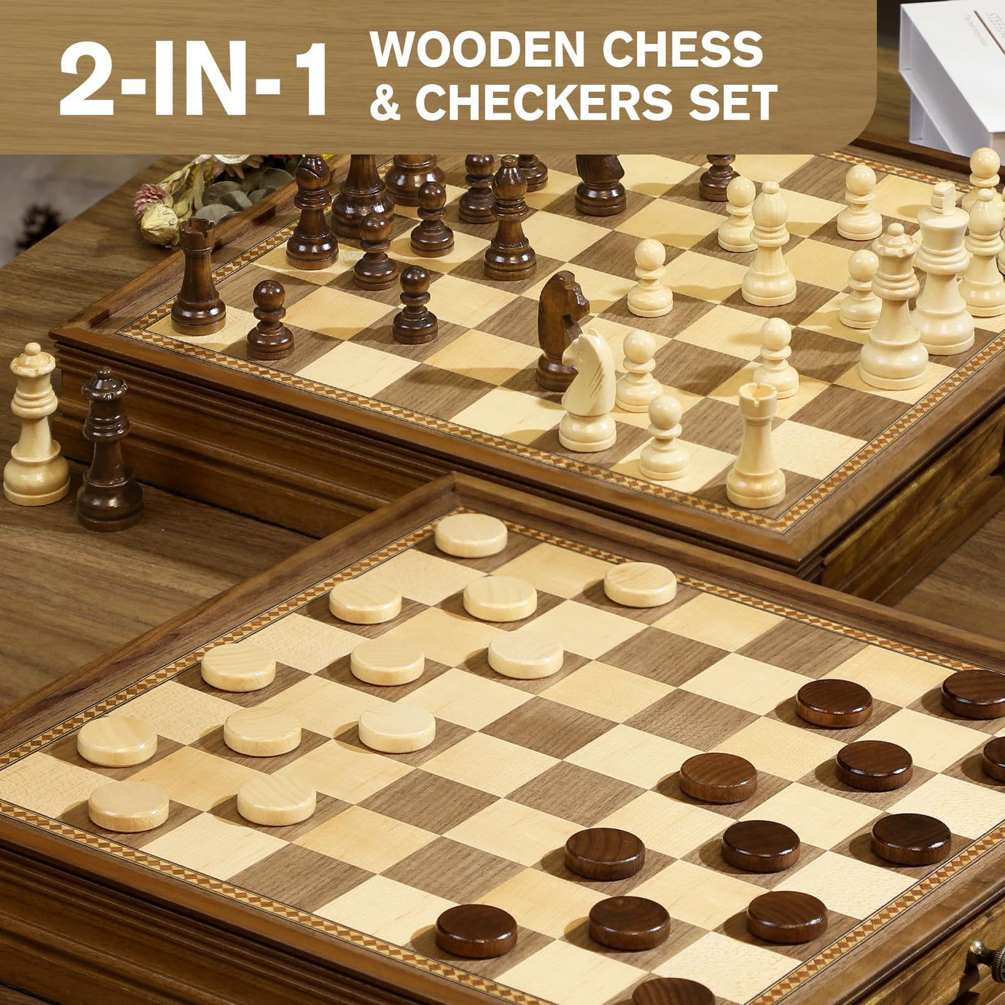 Peradix Magnetic Chess Checkers Board Sets With 2 Built-In Storage Drawers,15' Classic 2 In 1 Wooden Games With 2 Extra Queens For Kids And Adults,Travel Portable Chess Game Set