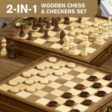 Peradix Magnetic Chess Checkers Board Sets With 2 Built-In Storage Drawers,15' Classic 2 In 1 Wooden Games With 2 Extra Queens For Kids And Adults,Travel Portable Chess Game Set