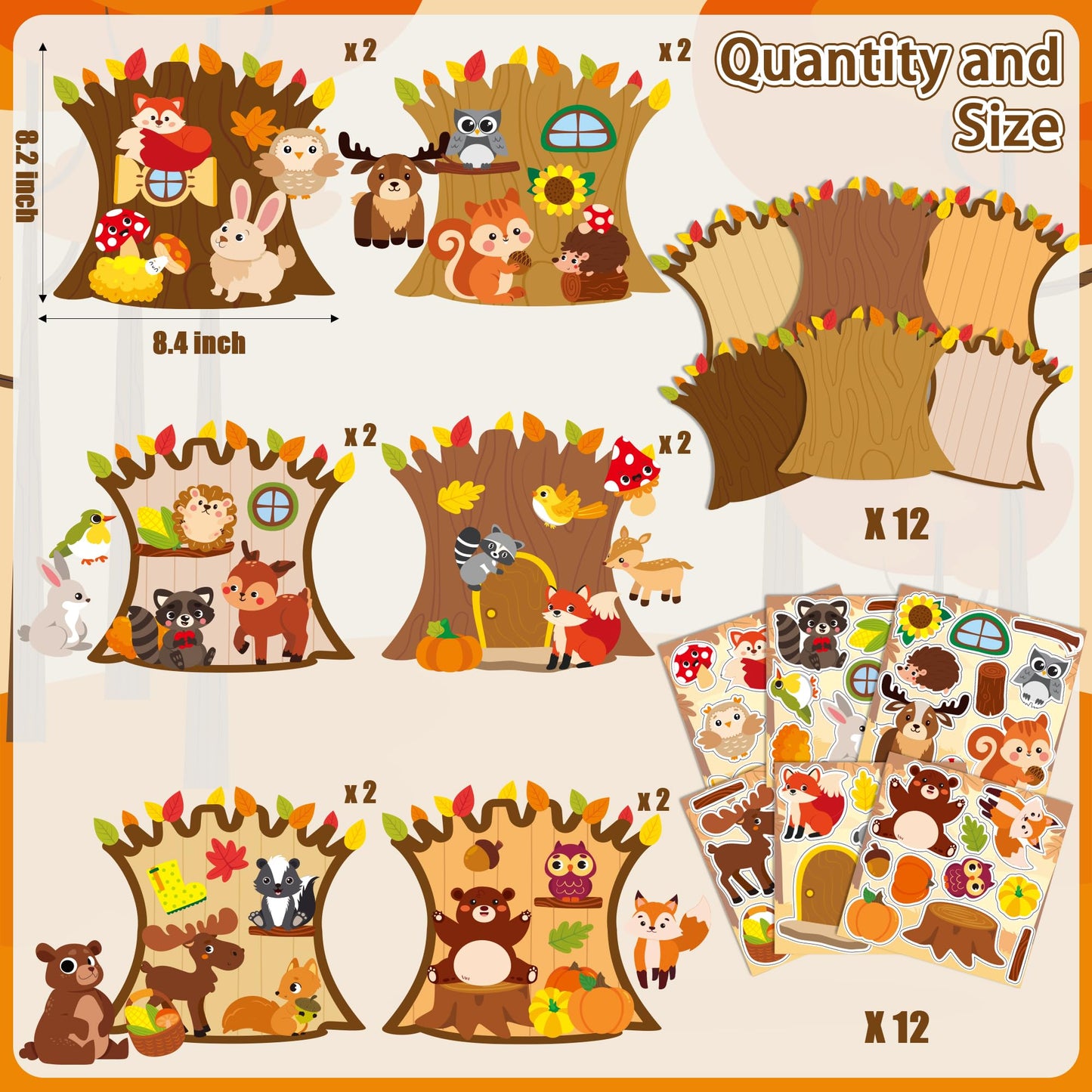 Cy2Side 12 Sets Fall Woodland Animal Scene Sticker Art Craft For Kids, Make A Fall Woodland Scene With Fox Pumpkin Sticker, Diy Autumn Party Games For School Classroom Activities