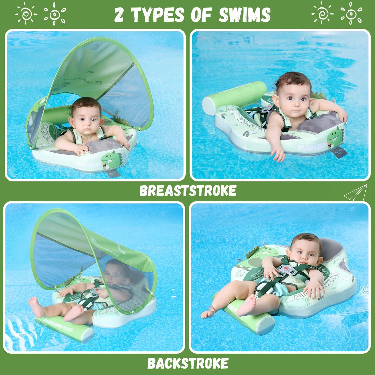 GENTEACO Mambobaby Baby Pool Float with Removable Canopy 3-24 Months Baby Float Soft Waterproof Infant Swim Float Add Tail Avoid