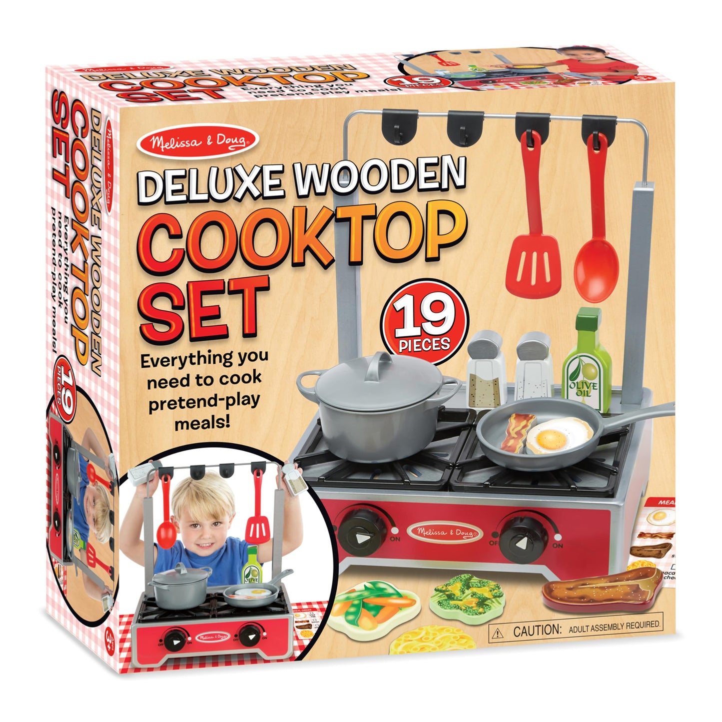 Melissa & Doug 19-Piece Deluxe Wooden Cooktop Set with Wooden Play Food, Durable Pot and Pan
