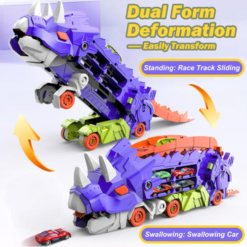Hacocola Dinosaur Transporter Truck Foldable Sliding Race Track Toy With 8 Toy Cars For Kids Age 3 4 5 6 7 8 (Purple)