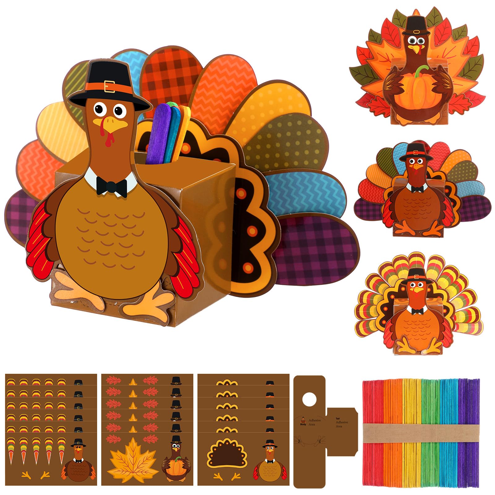 Pajean 18 Set Thanksgiving Box Crafts Kits DIY Thankful Turkey Boxes with Wooden Stick Thanksgiving Gratitude Prayer Jar Turkey 